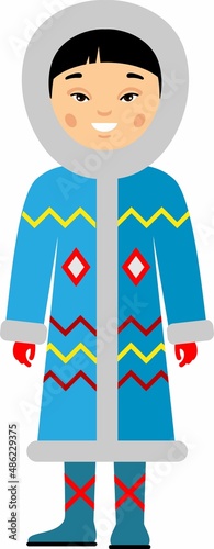 Vector illustration of eskimo children, boy, people. Eskimo man dressed in national costumes.