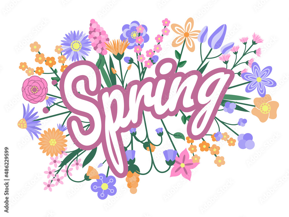Flyer with spring flowers. Cartoon style. Greeting card. Vector illustration. Isolated on white