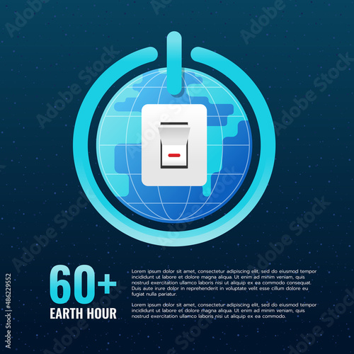 60 Earth hour - shutdown sign around circle global word and switch turn off on space background vector design