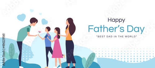 happy father's day - mother took the children to give flowers to the father vector design
