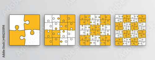 Puzzle pieces set. Jigsaw outline grid. Modern background with separate shapes. Scheme of thinking game. Simple mosaic frame tiles. Cutting template with details. Vector illustration. Marketing banner