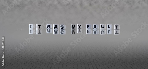 it was my fault word or concept represented by black and white letter cubes on a grey horizon background stretching to infinity