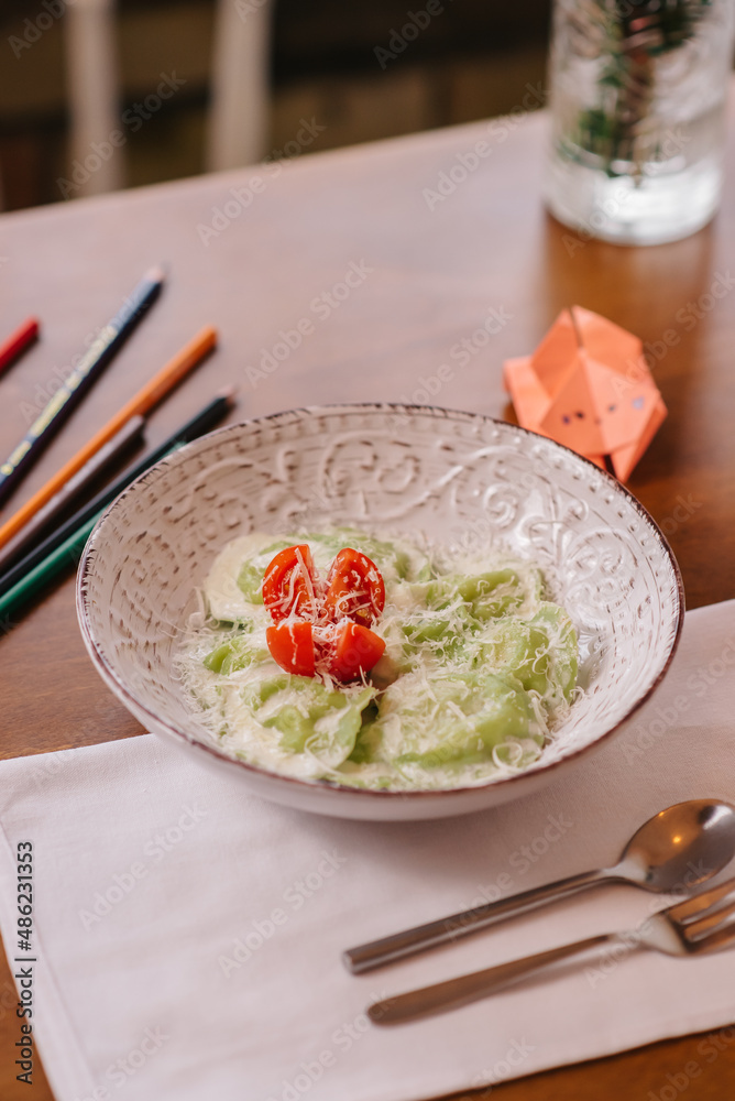 Close-up of nicely served food in the restaurant