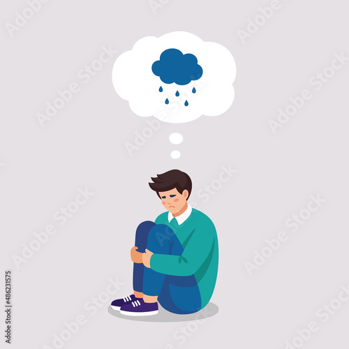 Sad tired boy suffers of depressive disorder, stress, tears. Vector illustration of mental problems