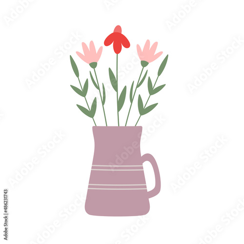 Floral home decor flowers in abstract ceramic pot. Illustration for floristic cards, gift tags, shops, 8 of March and Easter decor, wedding gifts and invitation. Hand drawn flat style.