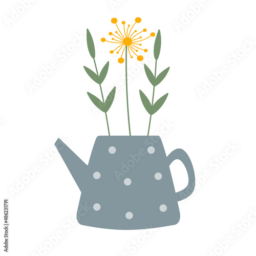 Floral Happy women's day March 8 spring holiday decoration. Wild garden blooming flowers and greenery in flowerpot. Illustration for floristic cards, gift tags, shops.
