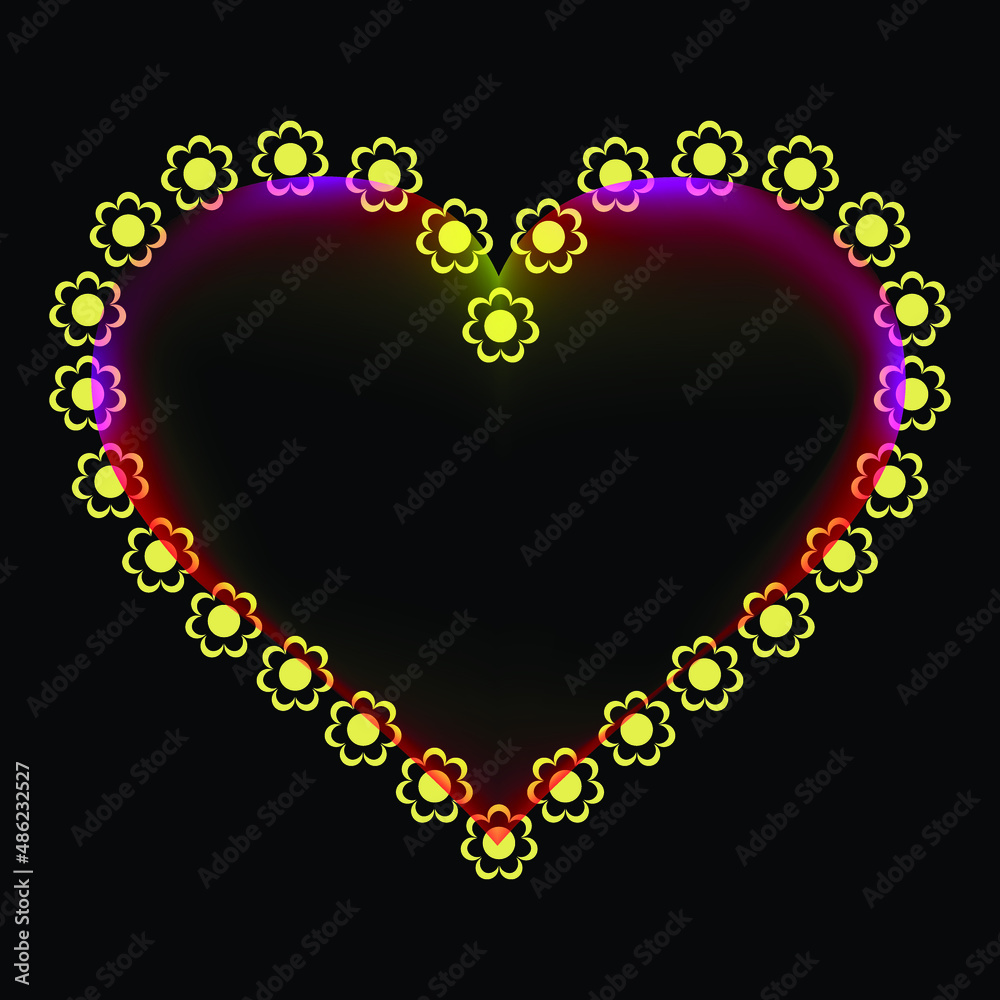 Greeting card for Valentine's Day. Banner for the holiday. Heart surrounded by flowers. Black background