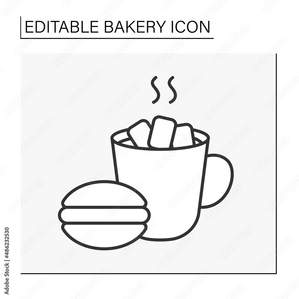  Baking line icon. Whoopie pie dessert with hot cocoa. Tasty sweet dessert. Bakery concept. Isolated vector illustration.Editable stroke