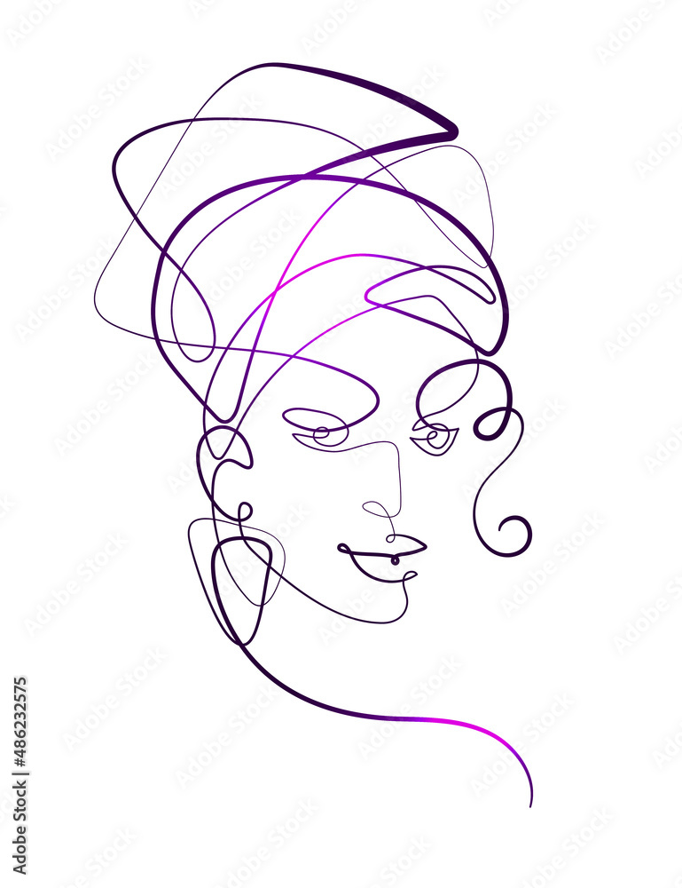 Continuous one line drawing. Abstract portrait of young African woman in minimalistic modern style Continuous one line drawing. Abstract portrait of young African woman in minimalistic modern style