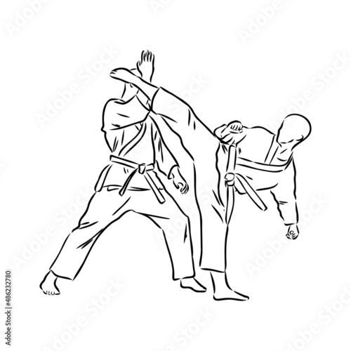 Karate kick technique sketch illustration. Asian martial art sport hand drawn design