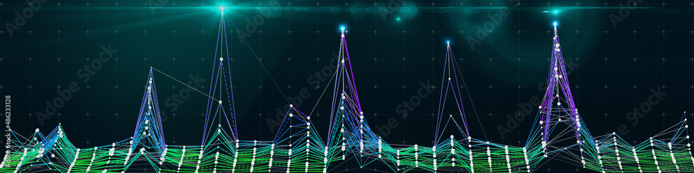 Abstract technology background with color lines and data on dark. Big Data. Visual presentation of analytics digital algorithms.   Computing concept. Banner for business, science and technology.