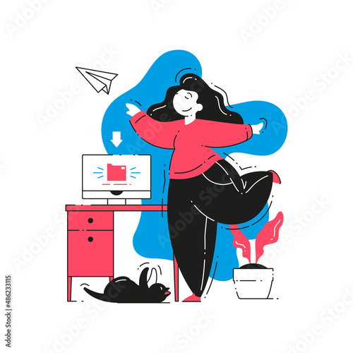 Happy woman celebrating successful complete task sending letter digital document folder vector flat illustration. Relax freelancer female working at home office use computer desk cat playing on floor