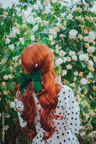 Fotografie, Obraz A girl with long red hair stands with her back to the camera against a background of roses