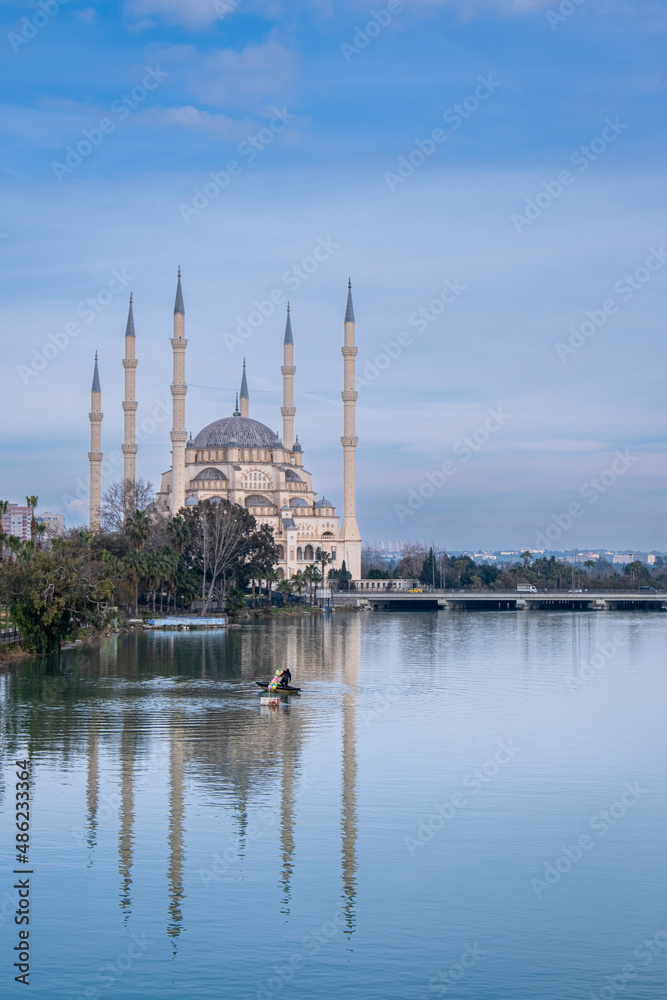 Naklejka premium central mosque. merkez camii next to seyhan river. adana, turkey.