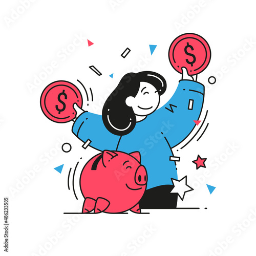Happy rich woman celebrate financial success holding cash money coin dollar and piggy bank vector flat illustration. Smiling female enjoy profit wealth salary earnings independence lottery win fortune