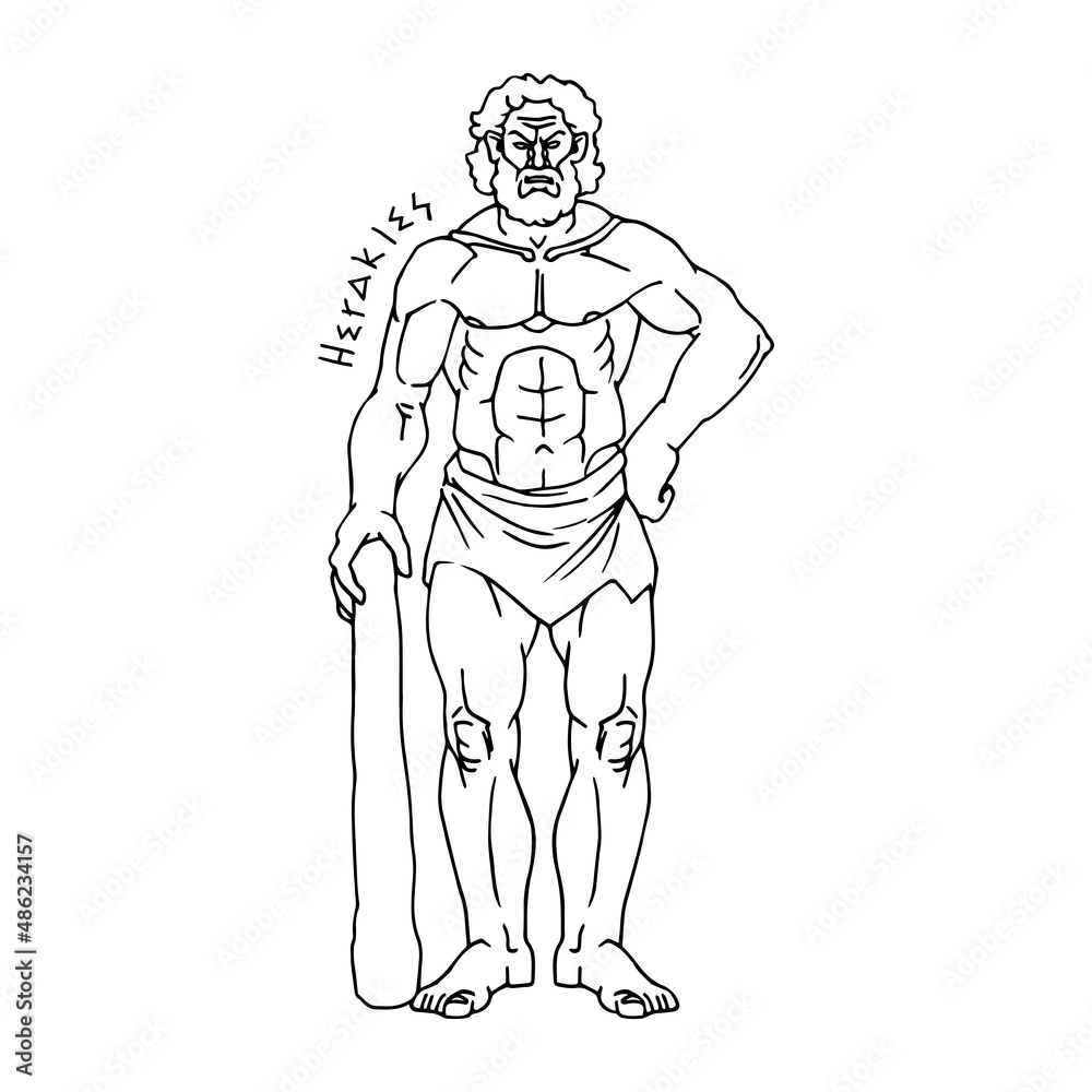 Fototapeta premium Hercules with a cudgel, the hero of the myths of ancient Greece. A demigod. Vector illustration with contour lines in black ink isolated on a white background in a hand drawn style.