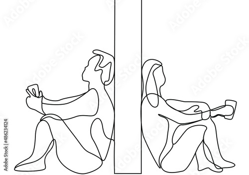 couples in love standing back to back with a wall between them are sitting on the floor and thinking longingly. separated, broken-hearted couples in love.