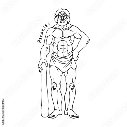 Hercules with a cudgel  the hero of the myths of ancient Greece. A demigod. Vector illustration with contour lines in black ink isolated on a white background in a hand drawn style.