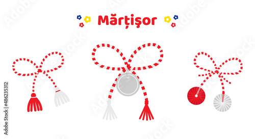 Set, collection of three martisor talismans, gifts, traditional accessories for holiday of early spring in Romania and Moldova.
