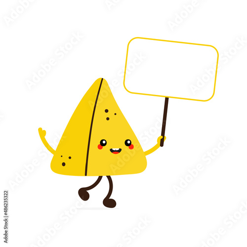 Cute happy cartoon style samosa, indian baked savory pastry character holding in hands blank sign, banner.

