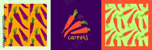Vector carrot pattern seamless. Textured hand-drawn carrots  background. Vegetarian backdrop. Cooking courses banner. Vegetable drawings for organic food label, juice packaging, vegan cosmetic.