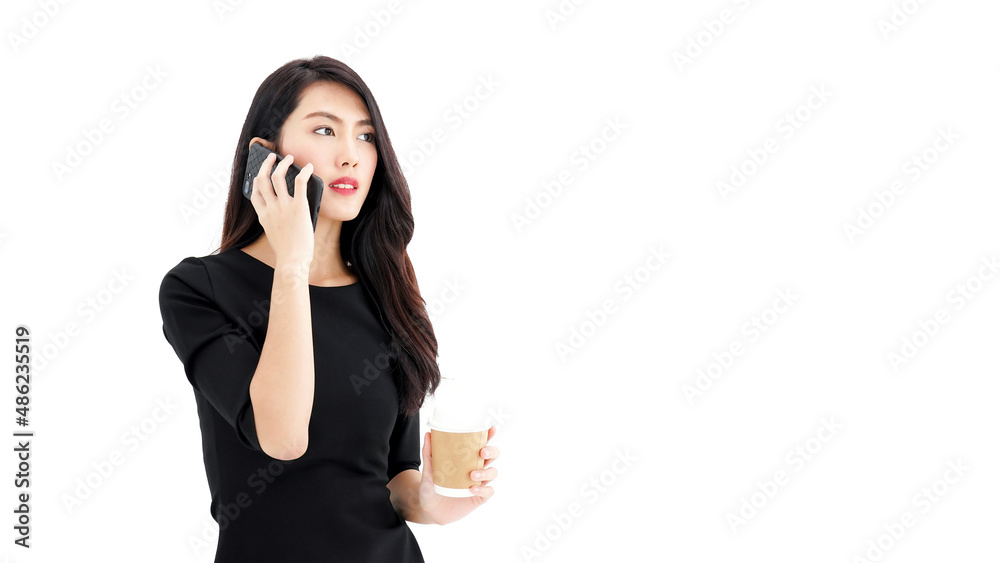 Entrepreneur pretty woman holding coffee cup and touching screen on smart phone mobile on white background, attractive asian people drink beverage smart, Technology communication lifestyles concept. Entrepreneur pretty woman holding coffee cup and touching screen on smart phone mobile on white background, attractive asian people drink beverage smart, Technology communication lifestyles concept.