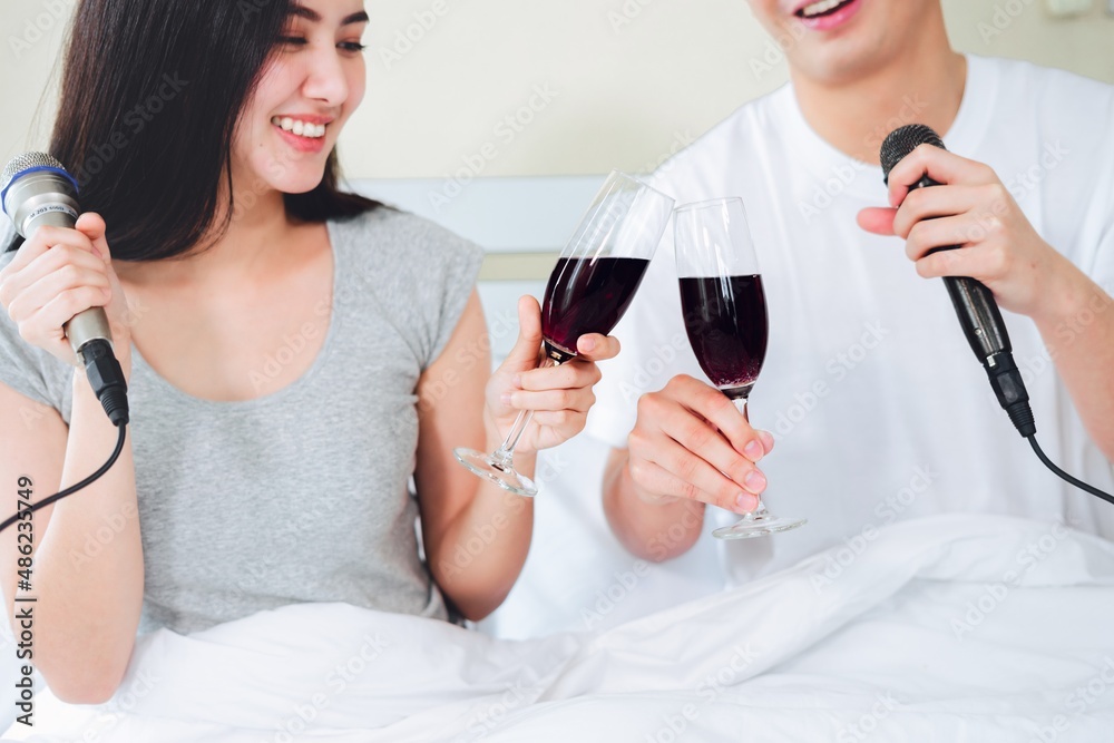 couple happiness celebrate anniversary drink wine smile and relax in home, People lifestyle concept. couple happiness celebrate anniversary drink wine smile and relax in home, People lifestyle concept.