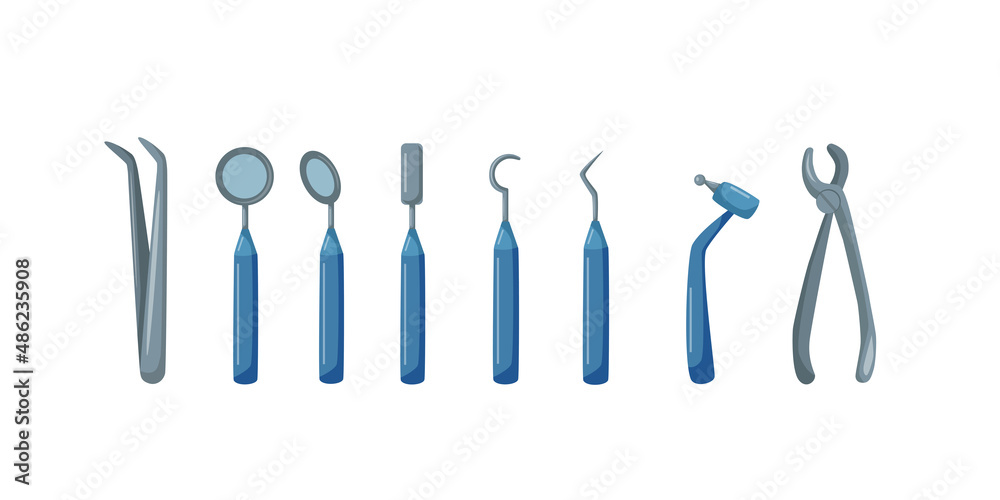 Set of dental and medical instruments. Dental drill, metal curette, viewing mirror. Dentistry. Vector Set of dental and medical instruments. Dental drill, metal curette, viewing mirror. Dentistry. Vector
