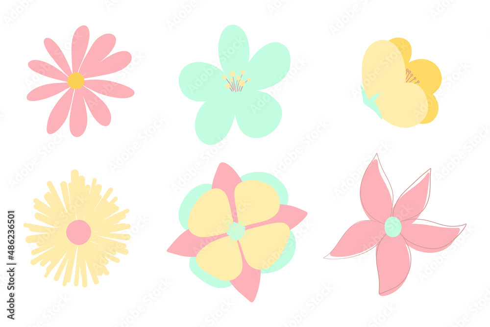 Vector set of isolated floral elements with hand drawn flowers on a white background. Vector set of isolated floral elements with hand drawn flowers on a white background.