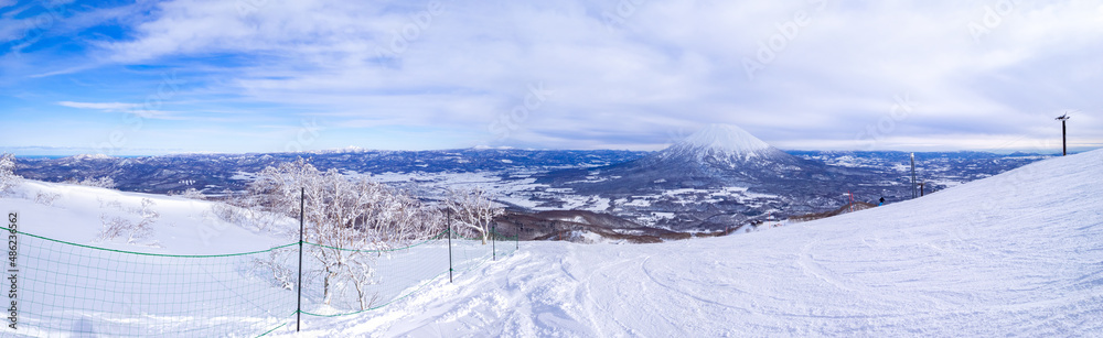 Panoramic view of snowy volcano and town seen from a ski resort (Niseko, Hokkaido, Japan) Panoramic view of snowy volcano and town seen from a ski resort (Niseko, Hokkaido, Japan)