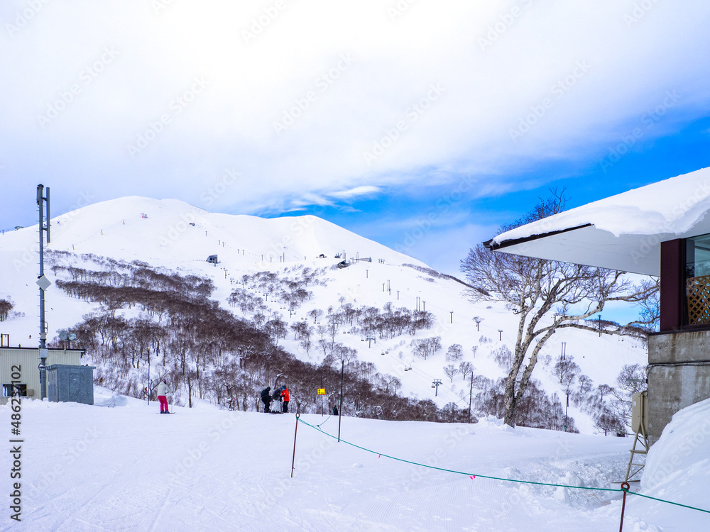 The top of a ski resort seen from the mountainside (Niseko, Hokkaido, Japan)