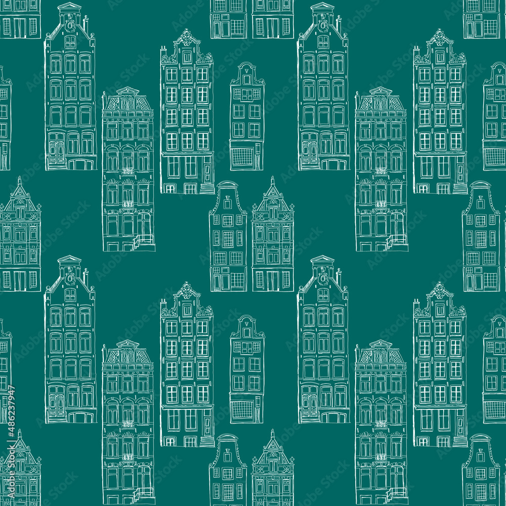 Seamless pattern of gingerbread houses in Amsterdam drawn in a graphic editor on a Velvet Jade background. For poster, stickers, sketchbook cover, print, your design.
