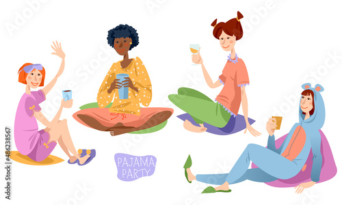 Four multiracial girls at a slumber party. Pajama party