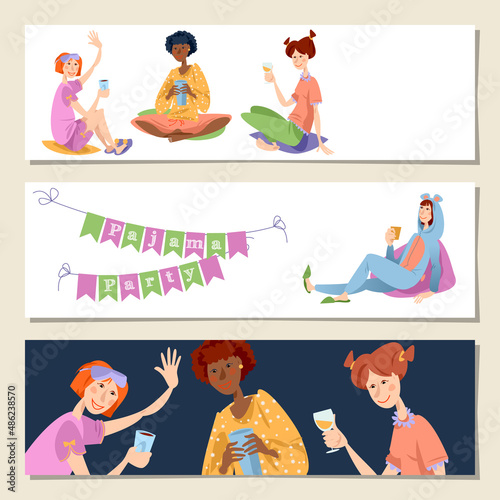 Set of 3 banners with multiracial girls at a slumber party. Pajama party
