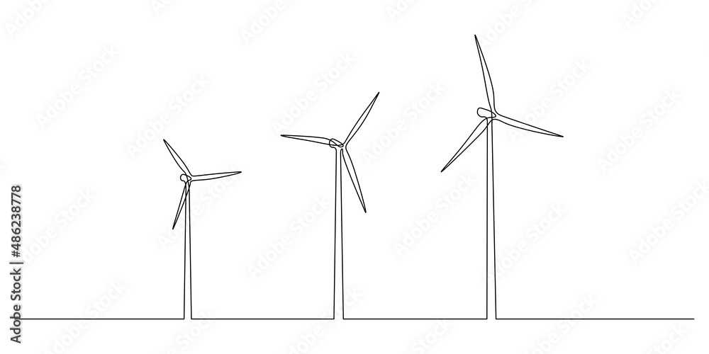 Wind turbines and windmill in one continuous line drawing. Green energy and renewable source of power concept in simple linear style. Editable stroke. Vector illustration