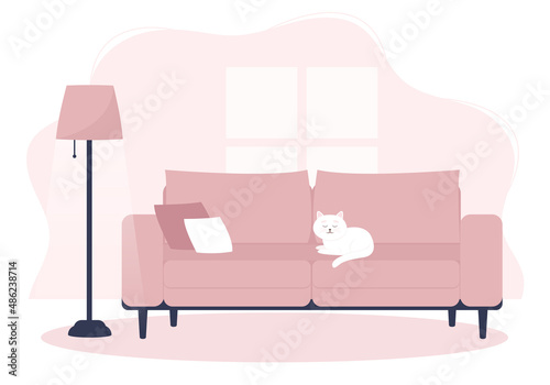 The interior of the living room with a sofa and a lamp. Cat on the couch. Vector illustration in a flat style