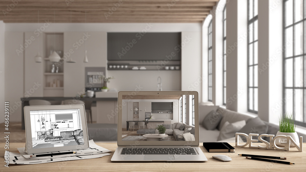 Architect designer desktop concept, laptop and tablet on wooden desk with screen showing interior design project and CAD sketch, blurred draft in the background, living room, kitchen Architect designer desktop concept, laptop and tablet on wooden desk with screen showing interior design project and CAD sketch, blurred draft in the background, living room, kitchen