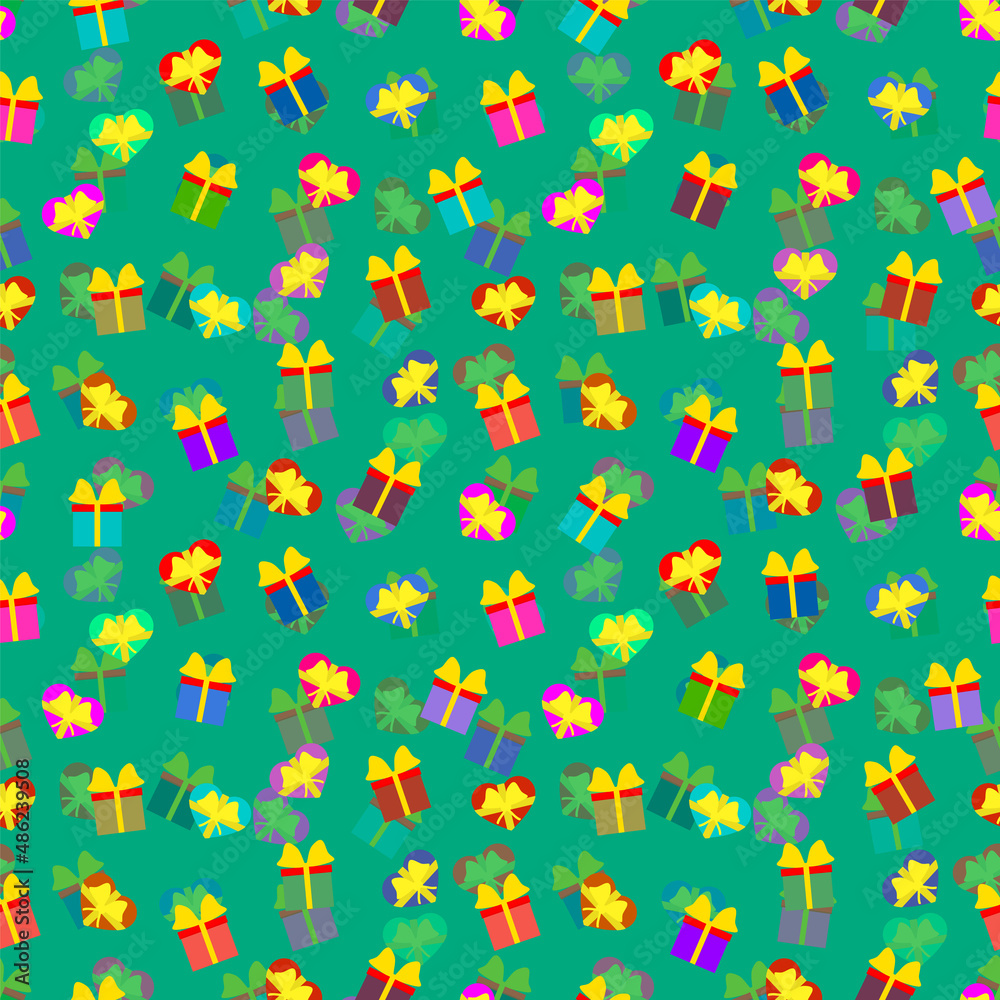Giftboxes and hearts with ribbon bow. Vector festive background seamless repeating pattern. Editable template. Giftboxes and hearts with ribbon bow. Vector festive background seamless repeating pattern. Editable template.