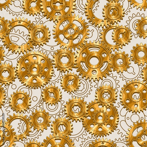 Seamless pattern with gold shily machine gears and linear gears behind on a beige background. Steampunk style