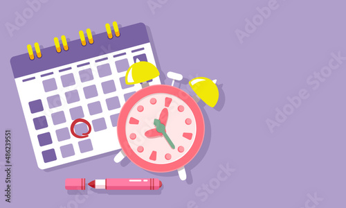Calendar and alarm clock on the violet background. 
Making plans with a pen for business or travel ideas concept. Vector illustration minimal cartoon flat icon design for banner and poster.