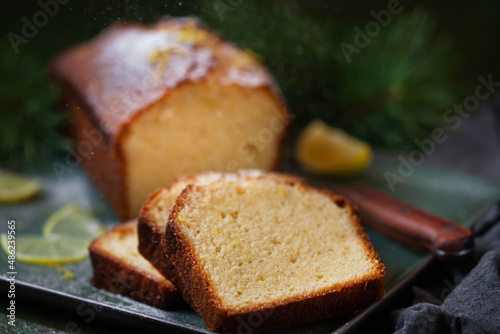 Delicious homemade lemon loaf (pound) cake, close up