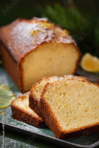 Delicious homemade lemon loaf (pound) cake, close up