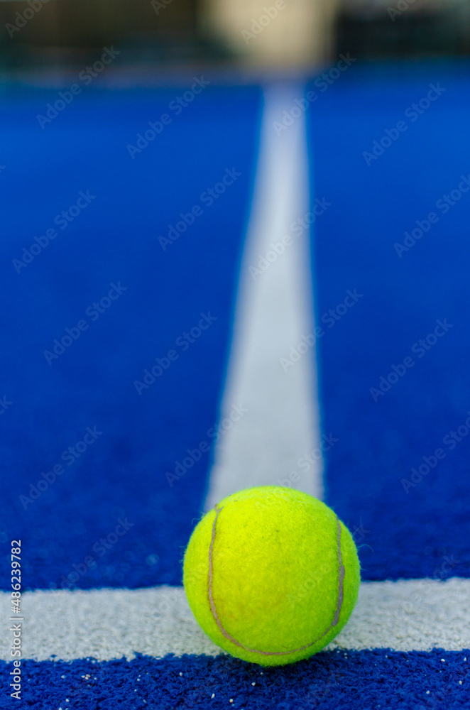 selective focus of a ball on the white line of a blue paddle tennis court