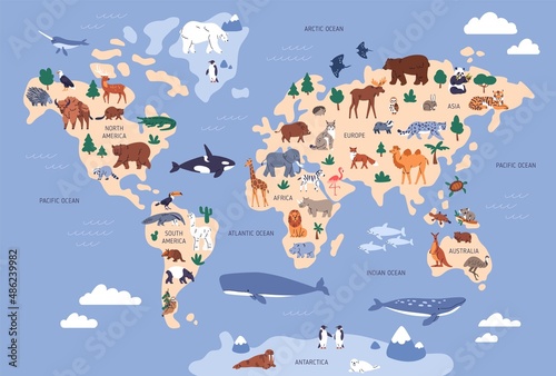 World map with animals in water and on earth. Geography and fauna of planet. Wildlife, nature for kids.Continents, oceans, mammals and fishes for preschool children. Colored flat vector illustration