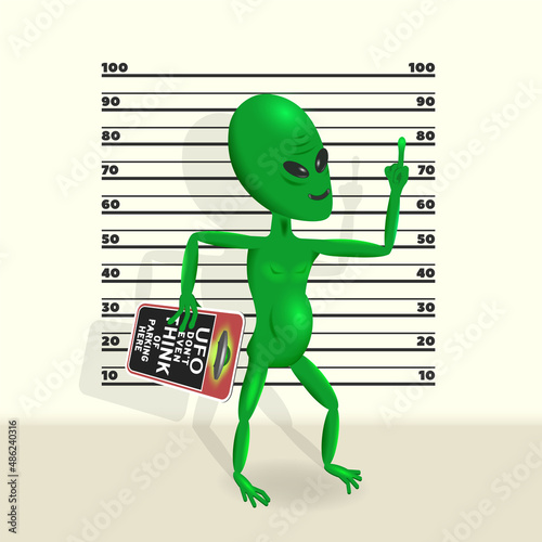 Green cartoon cheerful alien bandit with an indecent gesture and a road sign, UFO don't even think of parking here, against the background of a growth scheme for criminals