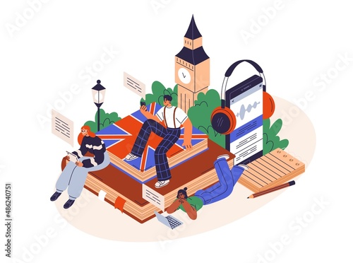 English learning concept. Students study foreign language online at laptop, phone app, book. People and internet service for speaking, listening. Flat vector illustration isolated on white background