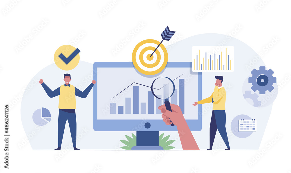 PrintBusiness people analytics and monitoring on web report dashboard monitor concept. vector illustration.