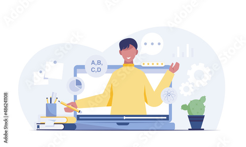 Online learning, tutorials concept. Screen with female teacher.