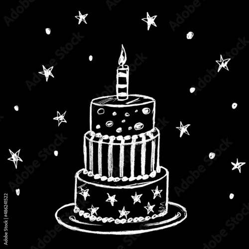 On a black background, a white cake with candles
