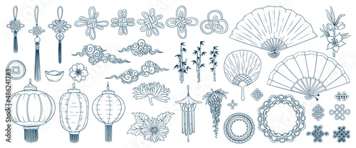 Asian doodles set. Asia culture symbols collection. Chinese traditional elements set. Chinese lantern, lucky knot amulet, peony, sakura, bamboo. Kimono ornament.